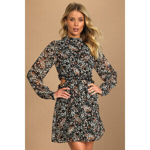 Lulus Autumn Bliss Black Floral Print Long Sleeve Cutout Mini Dress - Size S